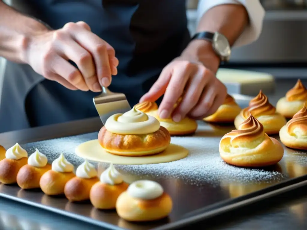 Un chef repostero profesional elabora profiteroles y gougères, mostrando la técnica de la pasta choux