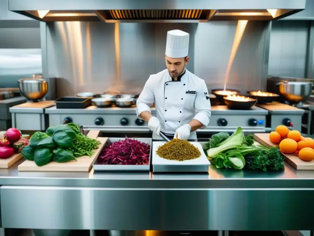 Un chef separando cuidadosamente restos de comida para compostaje en el sector gastronómico, en una bulliciosa cocina profesional