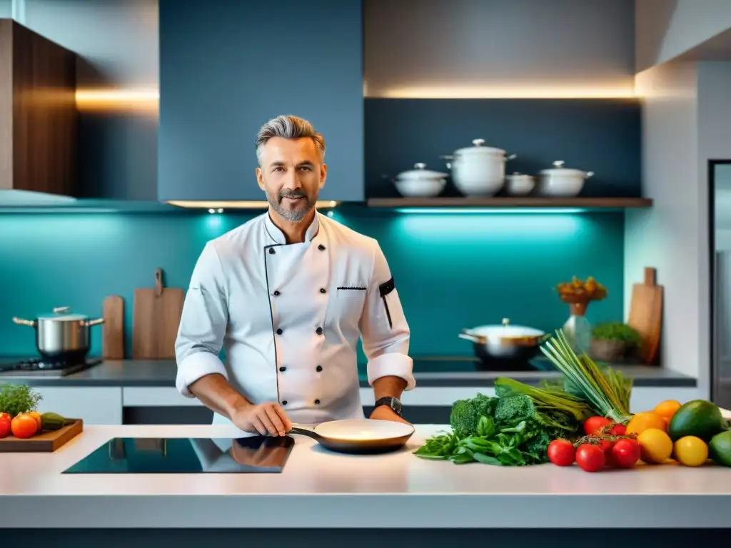 Un chef revolucionario preparando una receta con un toque moderno en una cocina sofisticada