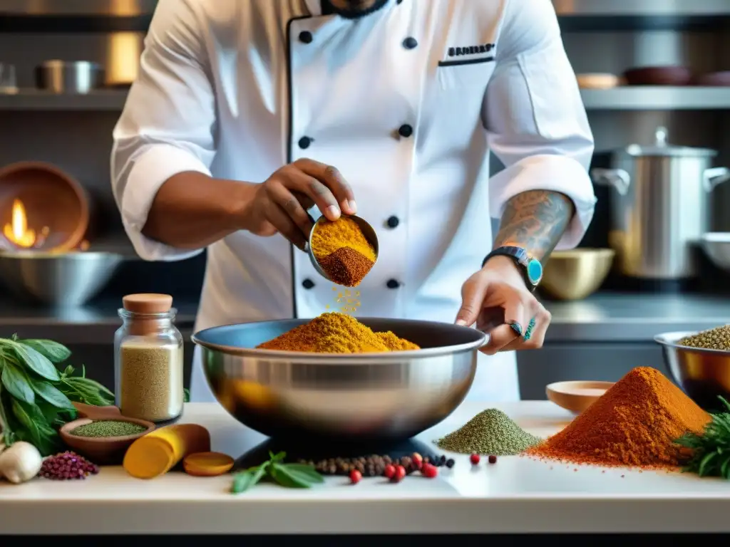 Un chef fusionando sabores y culturas en una cocina moderna, creando una armonía visual