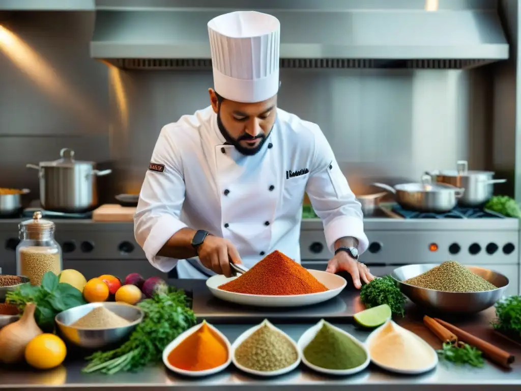 Un chef fusionando sabores étnicos en cocina gourmet, creando platos únicos y exquisitos