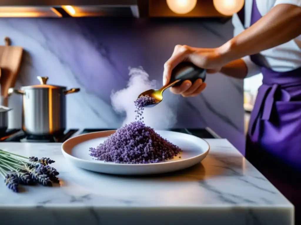 Un chef infusionando una salsa de lavanda en una cocina gourmet moderna, destacando la innovación culinaria