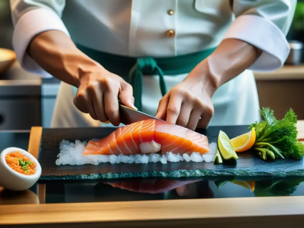 Un chef japonés hábil cortando sashimi con precisión quirúrgica