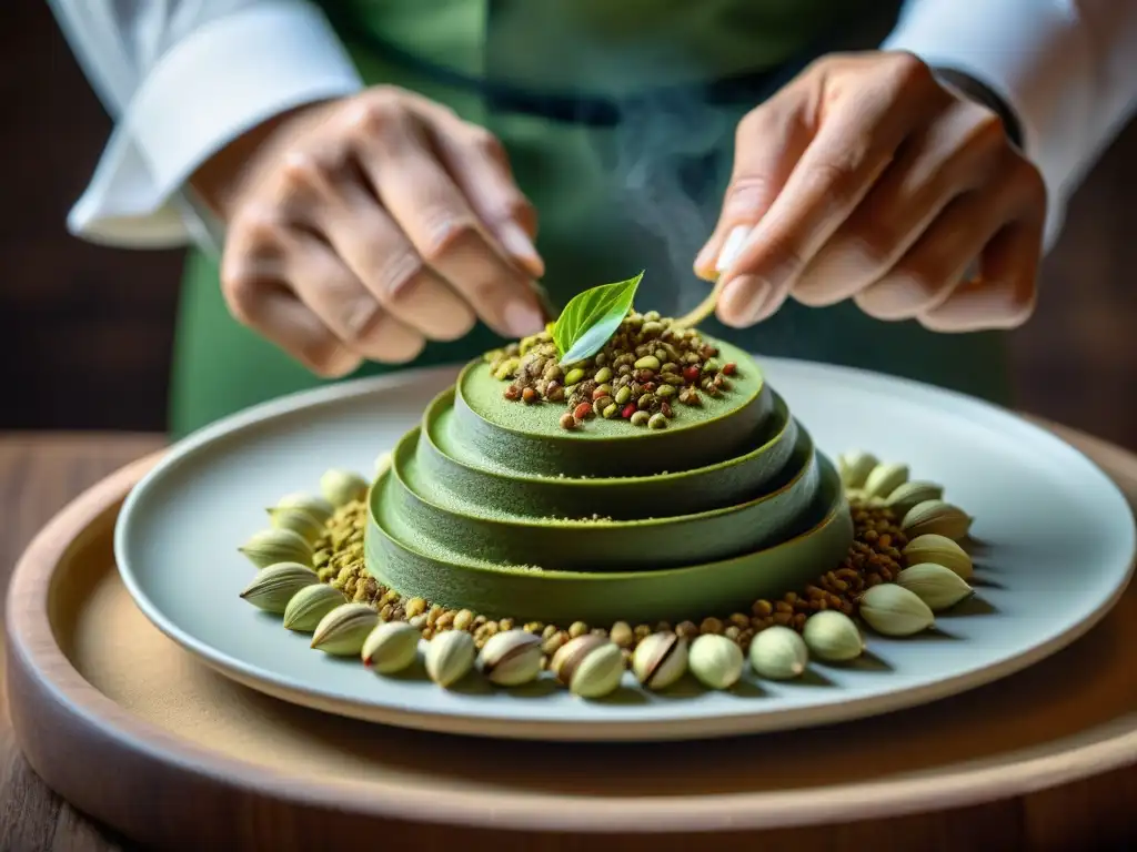 Chef experto espolvoreando cardamomo sobre plato gourmet Un chef esparciendo semillas de cardamomo sobre un exquisito plato gourmet