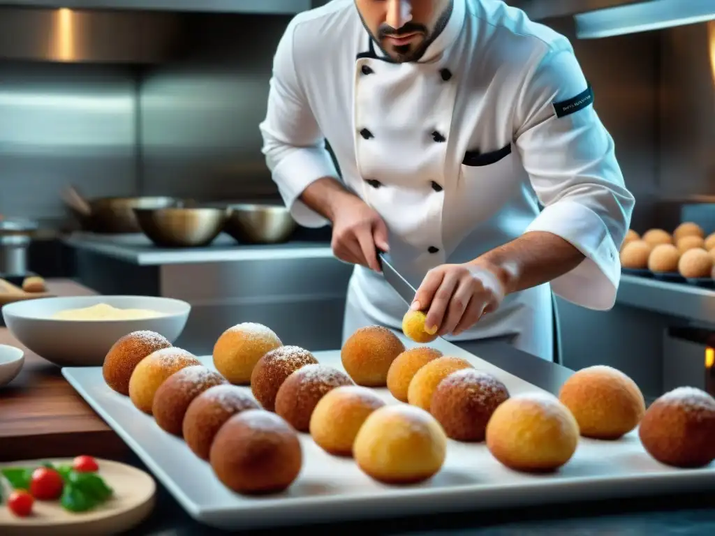 Un chef siciliano preparando delicadas Delicias rellenas de Sicilia gourmet en una cocina moderna y elegante