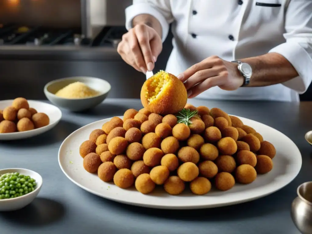 Un chef siciliano experto elaborando Arancini, con ingredientes sicilianos, en una cocina gourmet