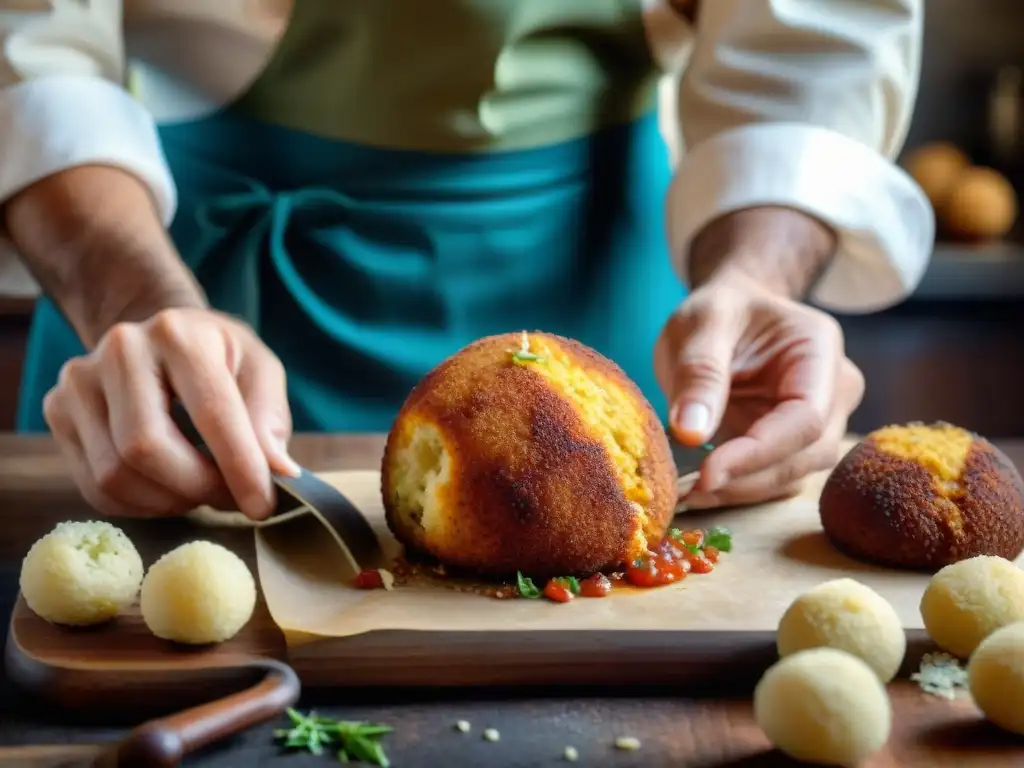 Un chef siciliano experto preparando Arancini, mostrando el proceso tradicional de elaboración