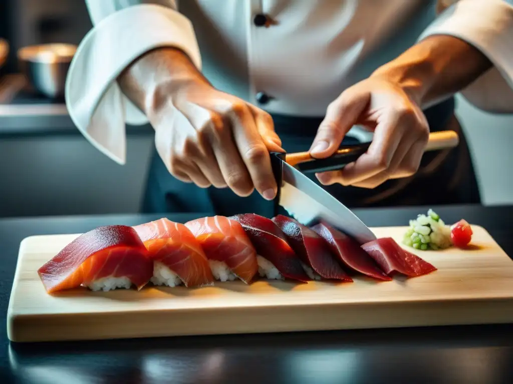 Un chef de sushi corta con precisión un trozo de atún de grado sashimi