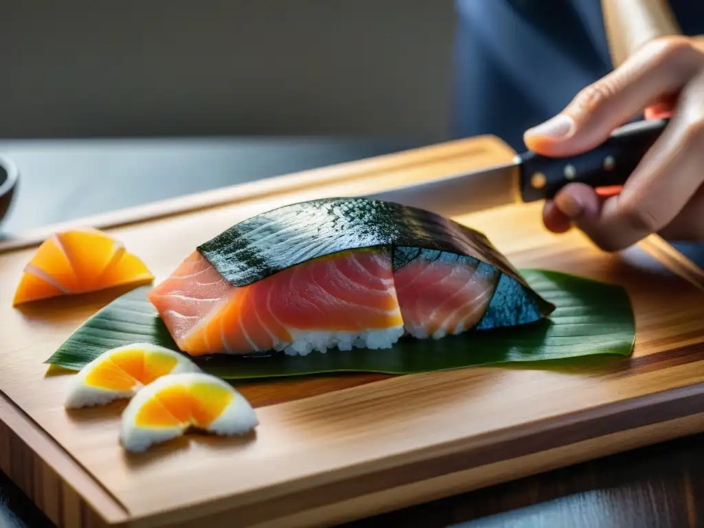 Un chef de sushi experto corta con precisión un exquisito atún sashimi