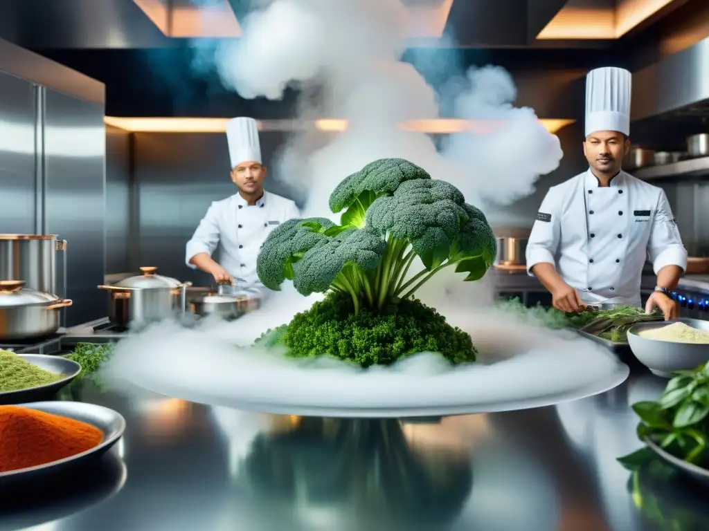 Cocina gourmet con técnicas de gastronomía molecular Un chef usa técnicas modernas para maximizar el sabor de hierbas en una cocina gourmet futurista