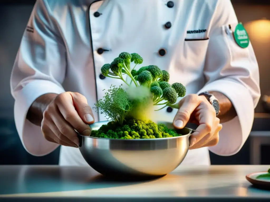 Chef experto fusionando sabores con técnicas gastronómicas innovadoras Un chef utiliza técnicas modernas para maximizar el sabor de las hierbas