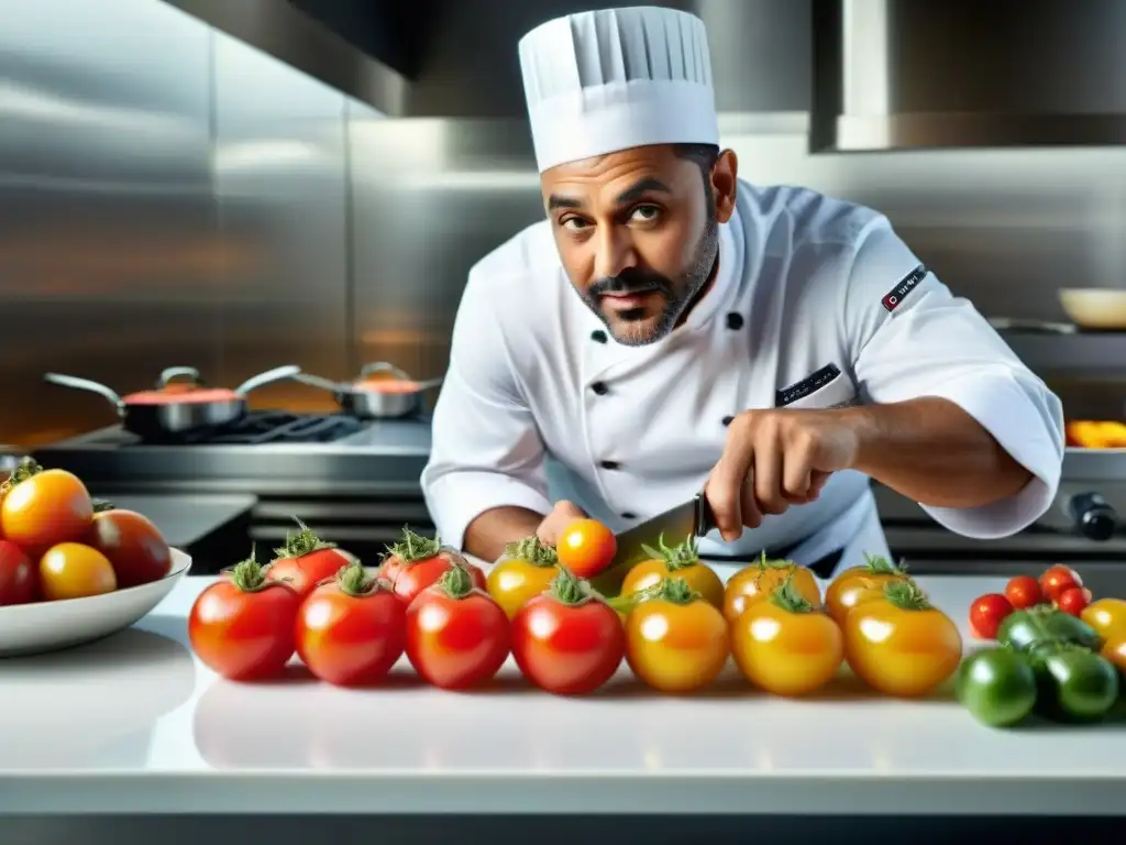 Un chef cortando tomates en una cocina moderna, simbolizando la reinterpretación de clásicos culinarios gourmet