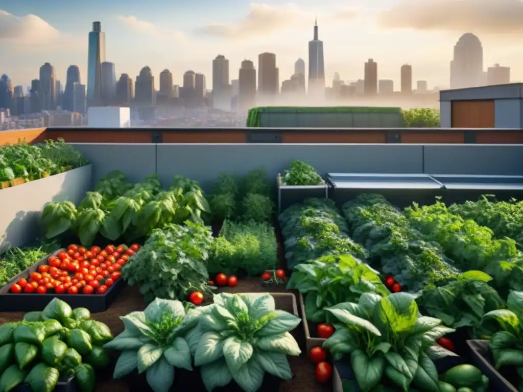 Un chef elige tomates maduros en un bullicioso huerto urbano con vista a la ciudad