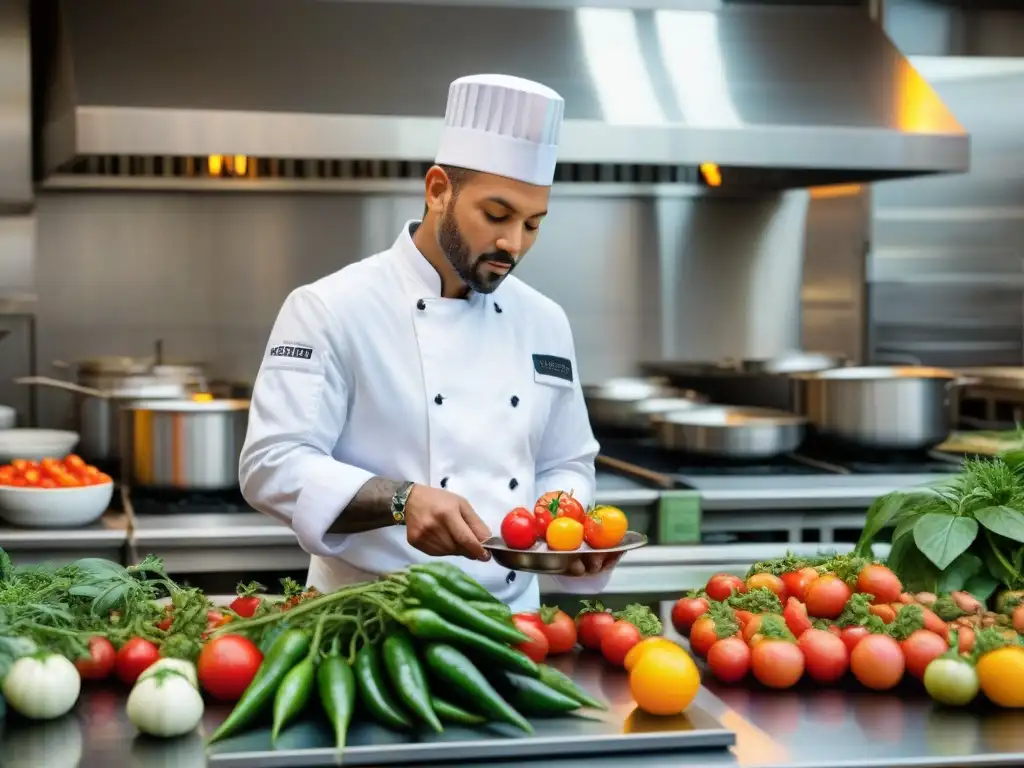 Un chef inspecciona tomates heirloom y verduras antiguas en una cocina urbana vibrante