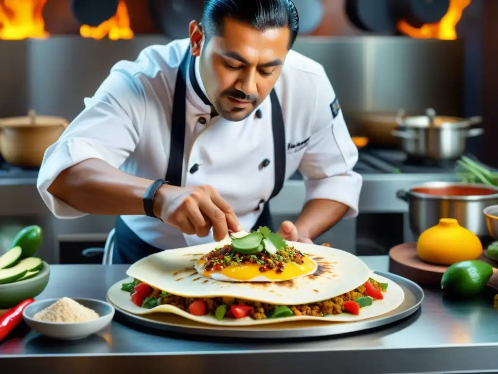 Un chef crea una tortilla fusión con ingredientes coloridos en una cocina tradicional