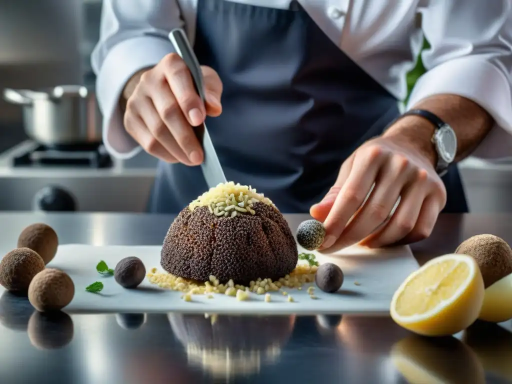 Un chef concentradísimo rallando trufa fresca sobre un plato gourmet en una cocina profesional