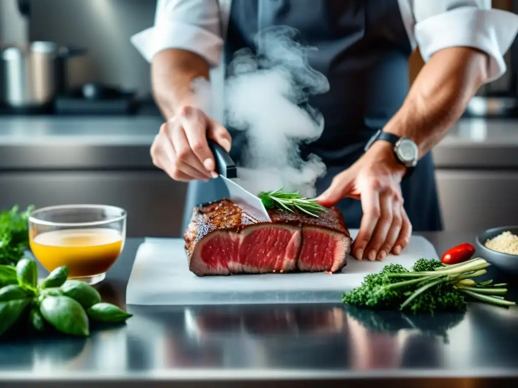 Chef sellando al vacío un filete marinado con cuidado en una máquina de calidad, rodeado de hierbas y especias frescas en una cocina de alta gama