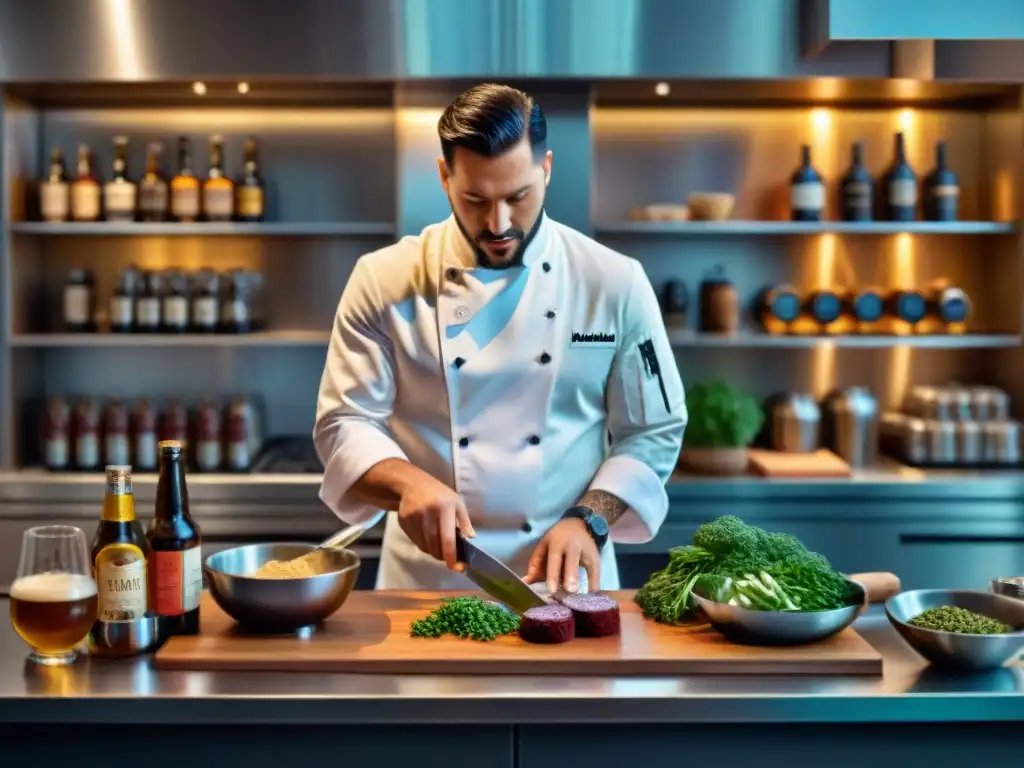 Un chef prepara al vacío mientras un sumiller marida cervezas en una cocina gourmet sofisticada