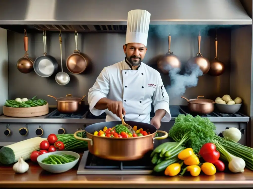 Un chef del siglo XIX prepara una colorida mezcla de verduras frescas en una cocina bulliciosa