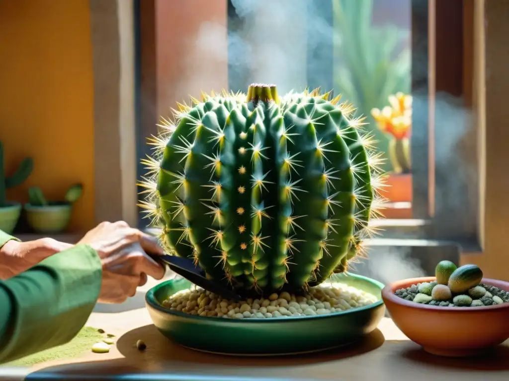 Un chef cortando xoconostle en una cocina mexicana tradicional, resaltando beneficios xoconostle cactus gastronomía