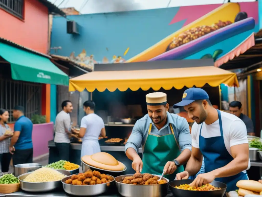 Chefs callejeros latinos gourmet preparando delicias en coloridos carritos de comida, rodeados de murales vibrantes y música tradicional