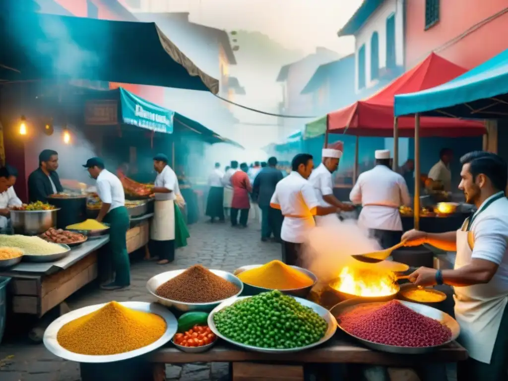 Chefs callejeros latinos gourmet en vibrante mercado de comida callejera