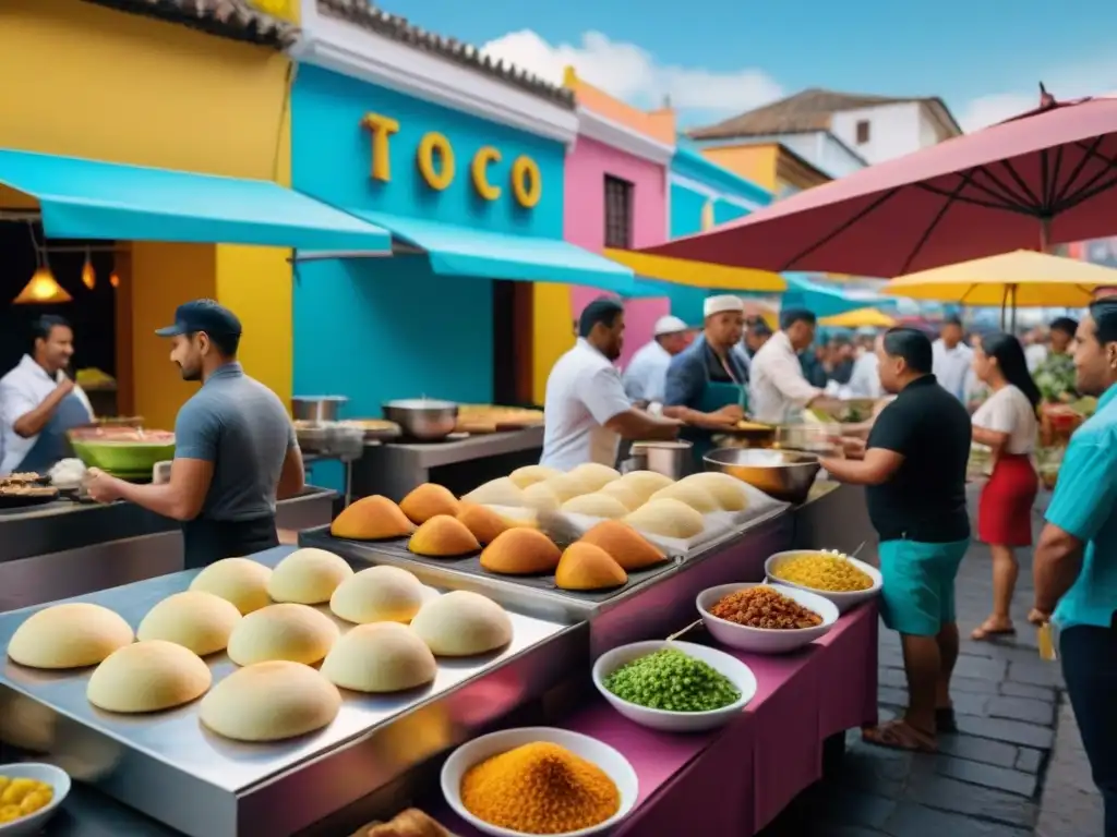 Chefs callejeros latinos gourmet preparando delicias en un bullicioso mercado latinoamericano