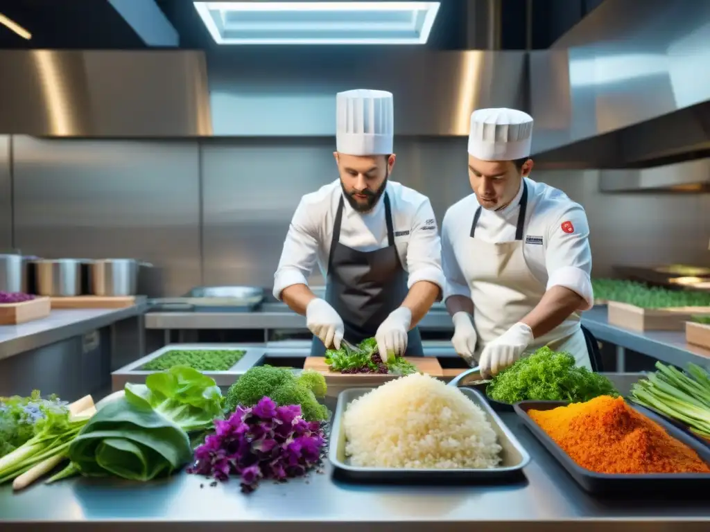 Chefs en cocina gourmet compostando, preparando exquisitos platos con ingredientes orgánicos