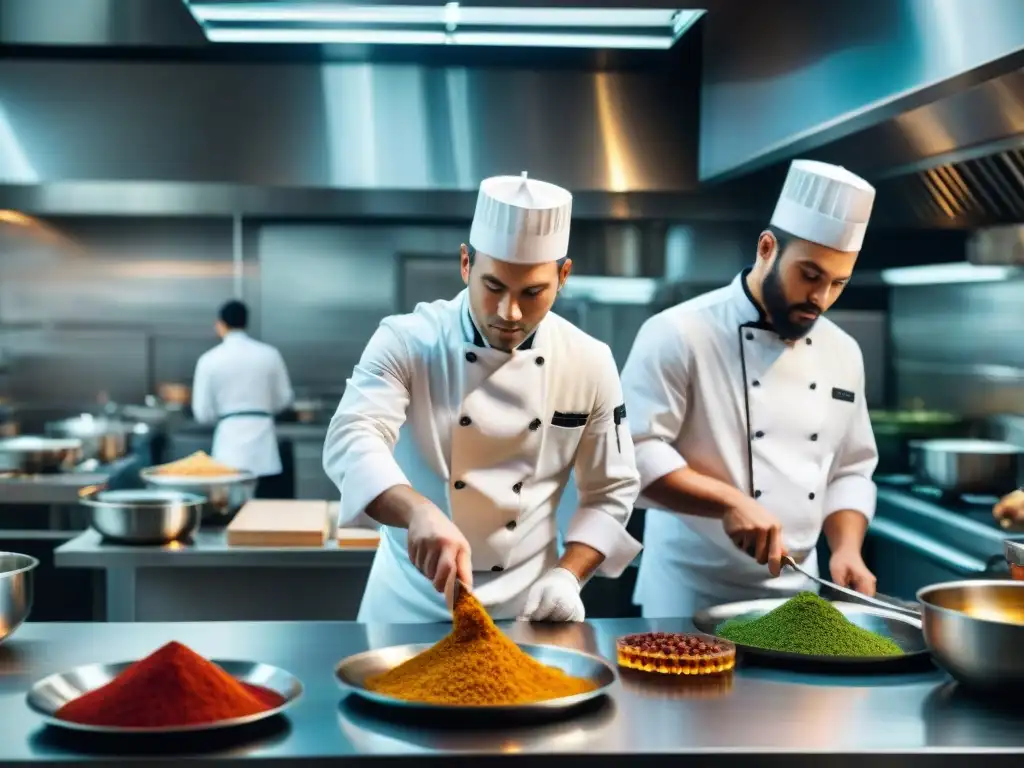 Chefs en cocina lujosa preparan platos con galanga y jengibre, en comparación de sabores exóticos