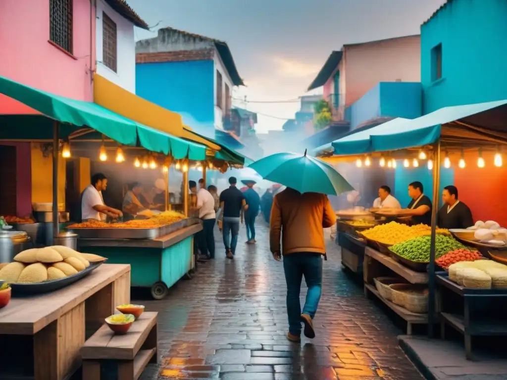 Chefs transformando comida callejera América en un bullicioso mercado de alimentos con puestos coloridos y sabrosos platos tradicionales