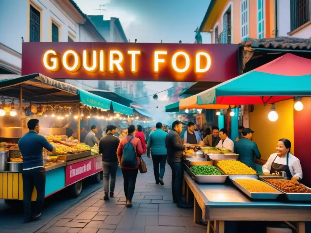 Chefs transformando comida callejera en América: escena vibrante de una bulliciosa calle con coloridos puestos de comida gourmet y clientes felices