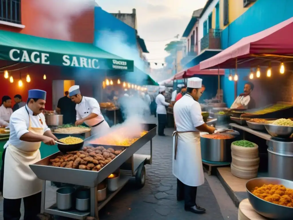 Chefs transformando comida callejera en América Latina, escena vibrante de un bullicioso mercado callejero