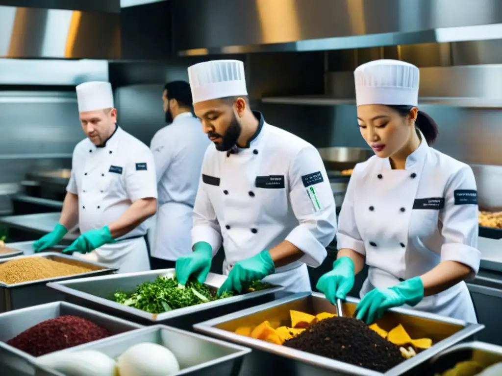 Chefs conscientes separando alimentos para compostaje en cocina bulliciosa