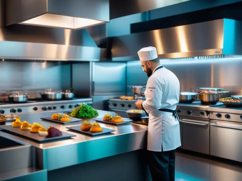 Chefs estrella preparando exquisitos platos sous vide en cocina de restaurante de lujo