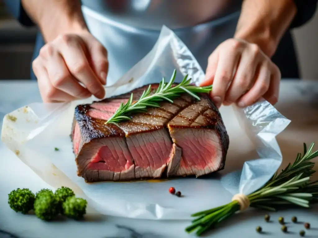 Un chefs estrella condimenta un filete marmoleado, listo para la cocción sousvide