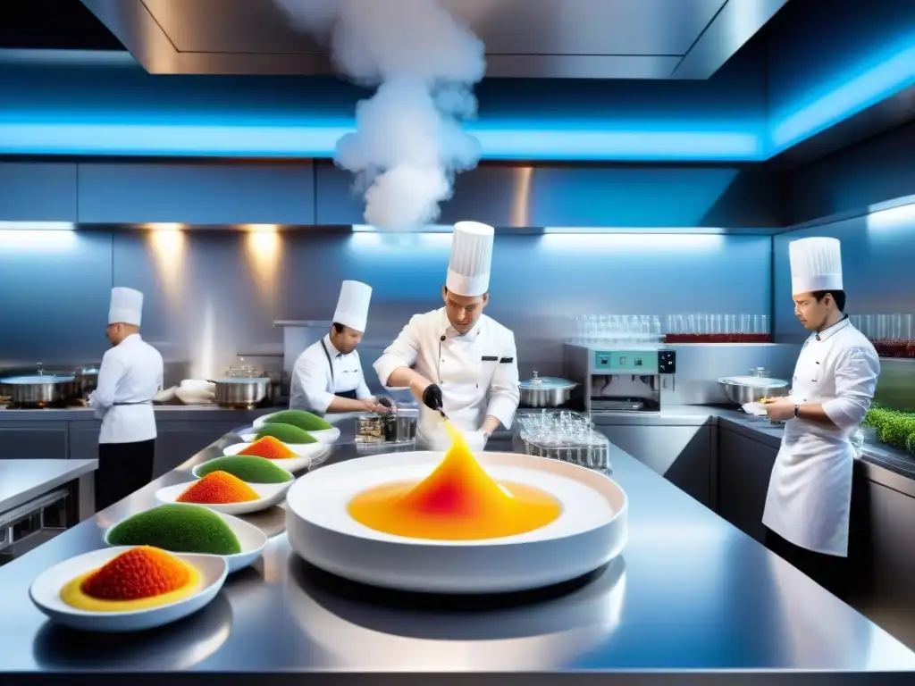 Chefs expertos en una cocina futurista de gastronomía molecular masterclass