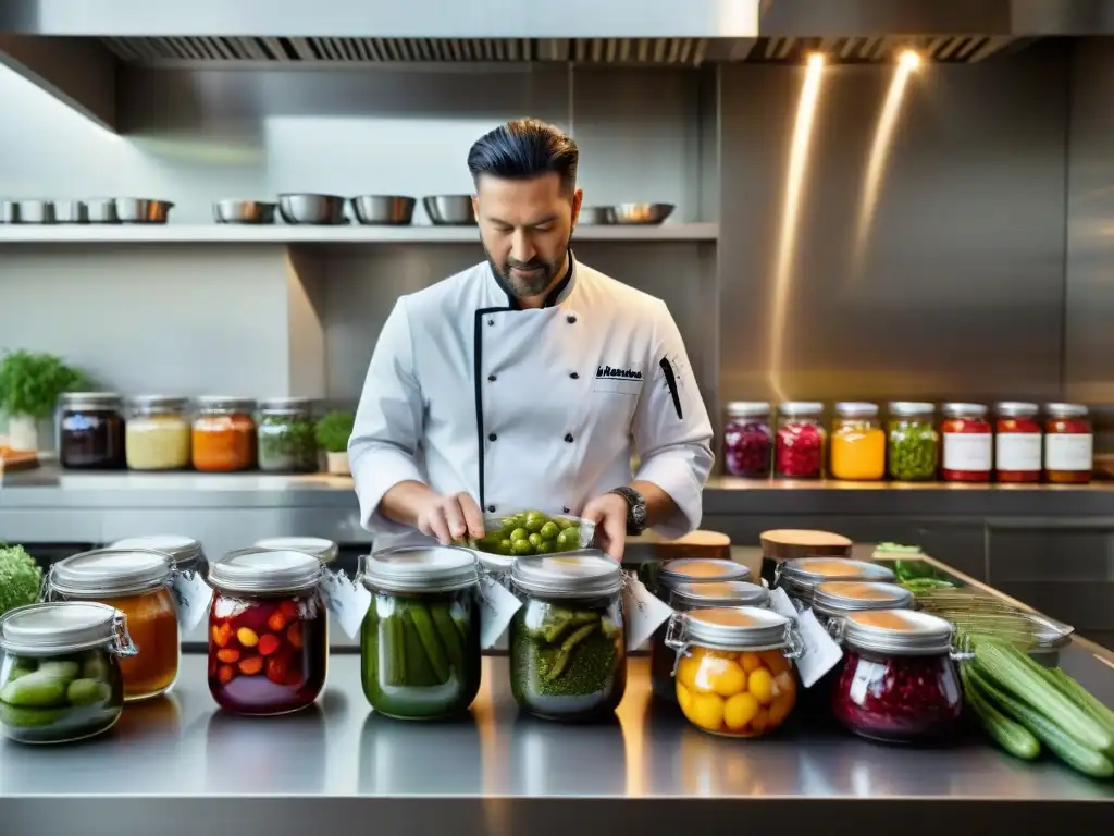 Chefs expertos fermentando ingredientes en una cocina profesional, transmitiendo innovación y dedicación a la experiencia culinaria con fermentación