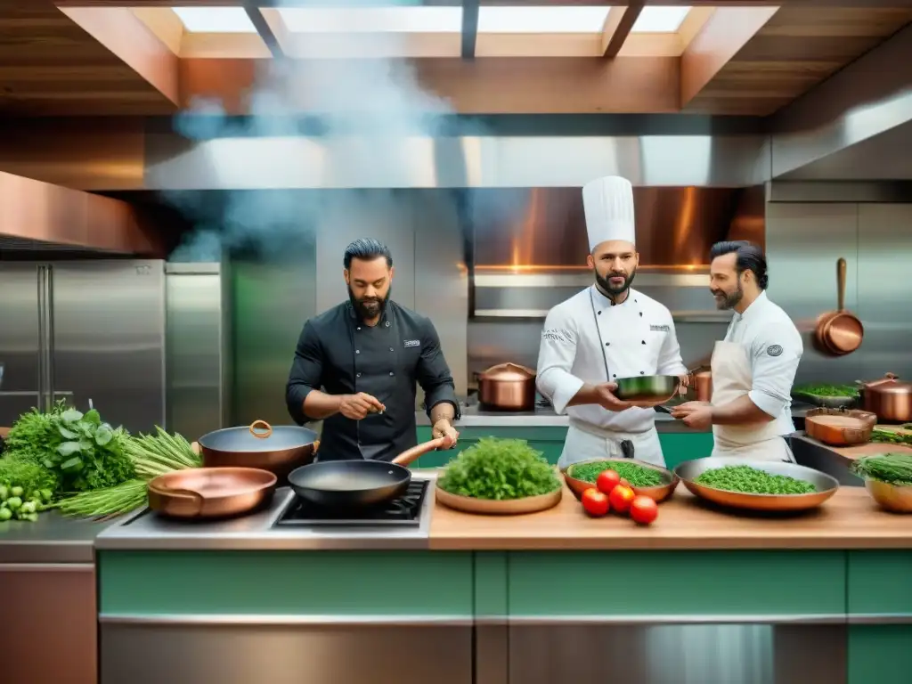 Chefs reconocidos en cocina vegana preparan platos coloridos en cocina moderna y vibrante, rodeados de productos frescos