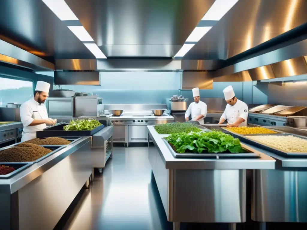 Chefs en un restaurante gourmet practicando compostaje con precisión y cuidado