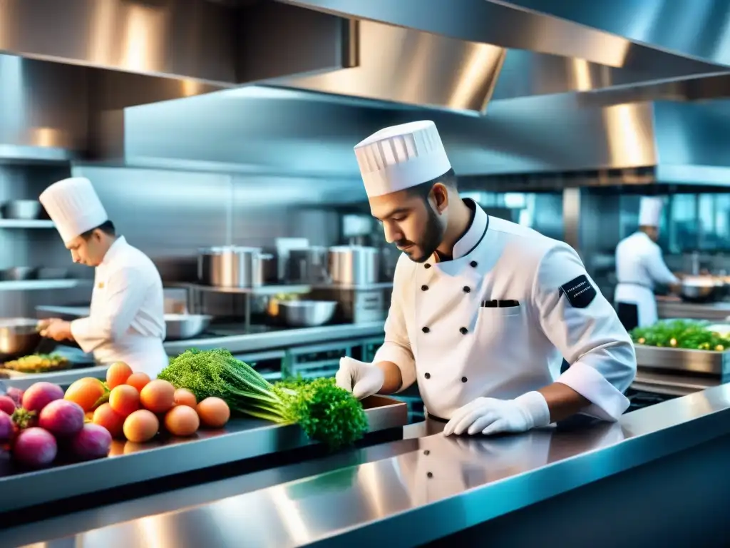 Chefs de talleres de cocina en un lujoso hotel, creando platos gourmet con elegancia y profesionalismo