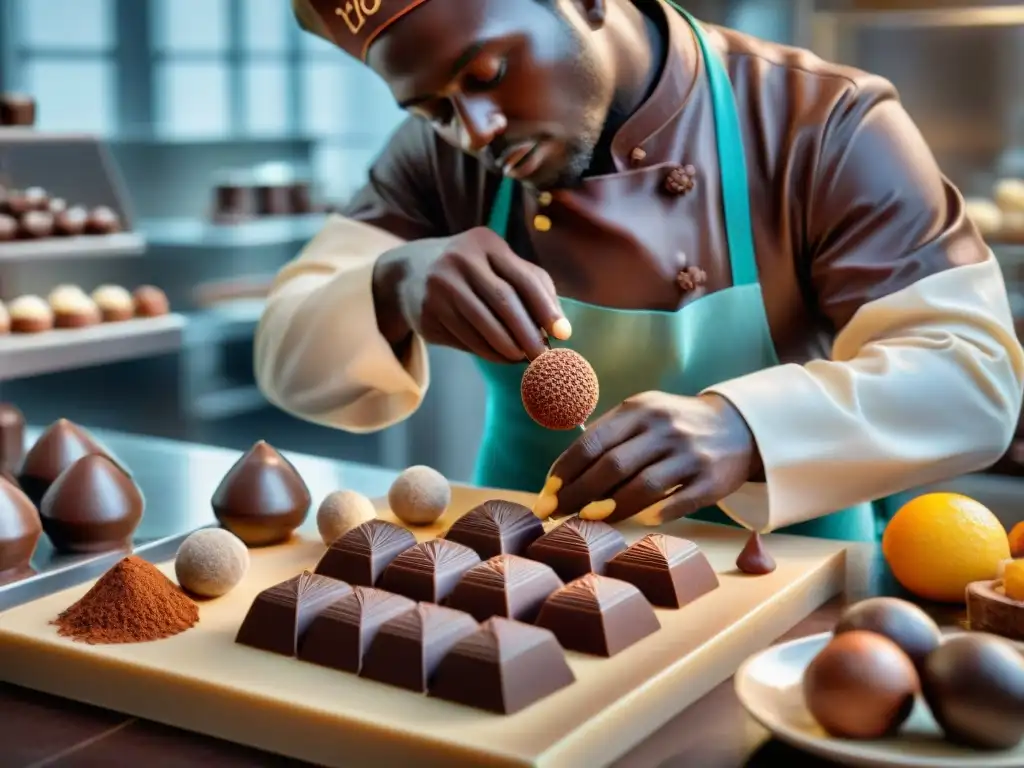 Fabricación chocolate artesanal gourmet: Detallada escena de un chocolatero creando una escultura de chocolate gourmet con pasión y precisión