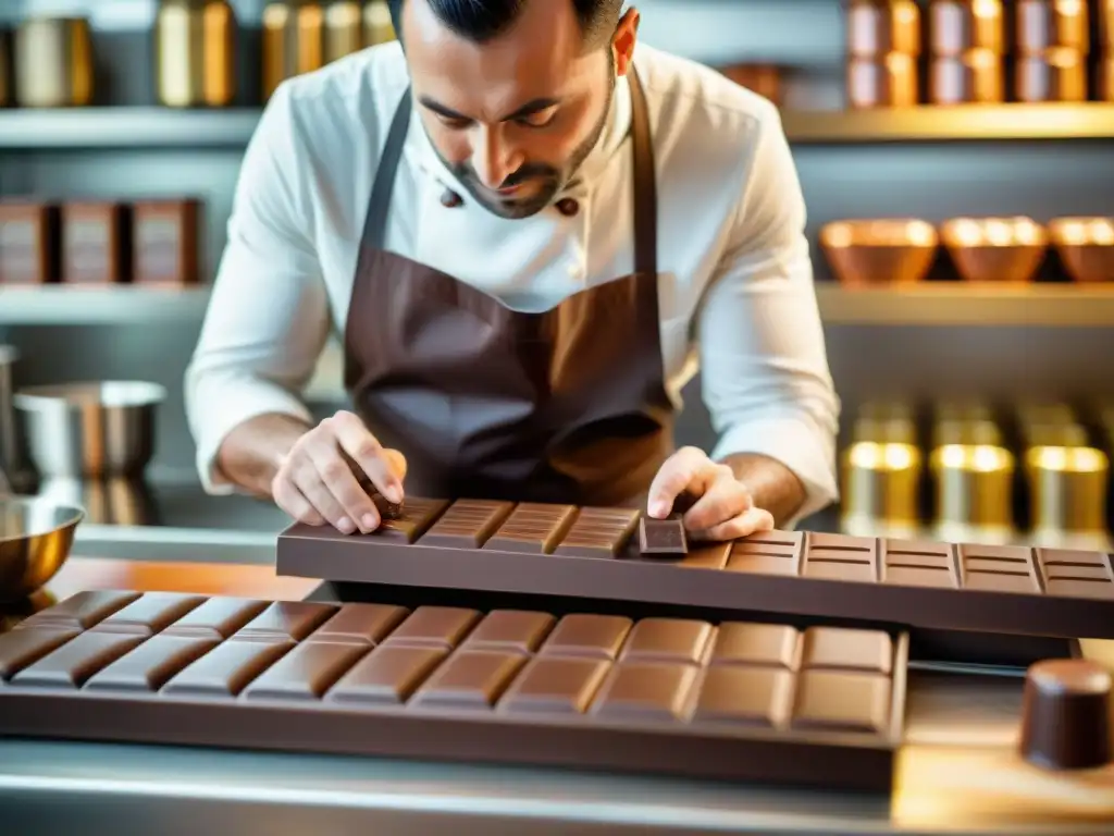 En una chocolatería artesanal, un maestro chocolatero crea con esmero una barra de chocolate decadente, en un cálido taller lleno de aroma a cacao