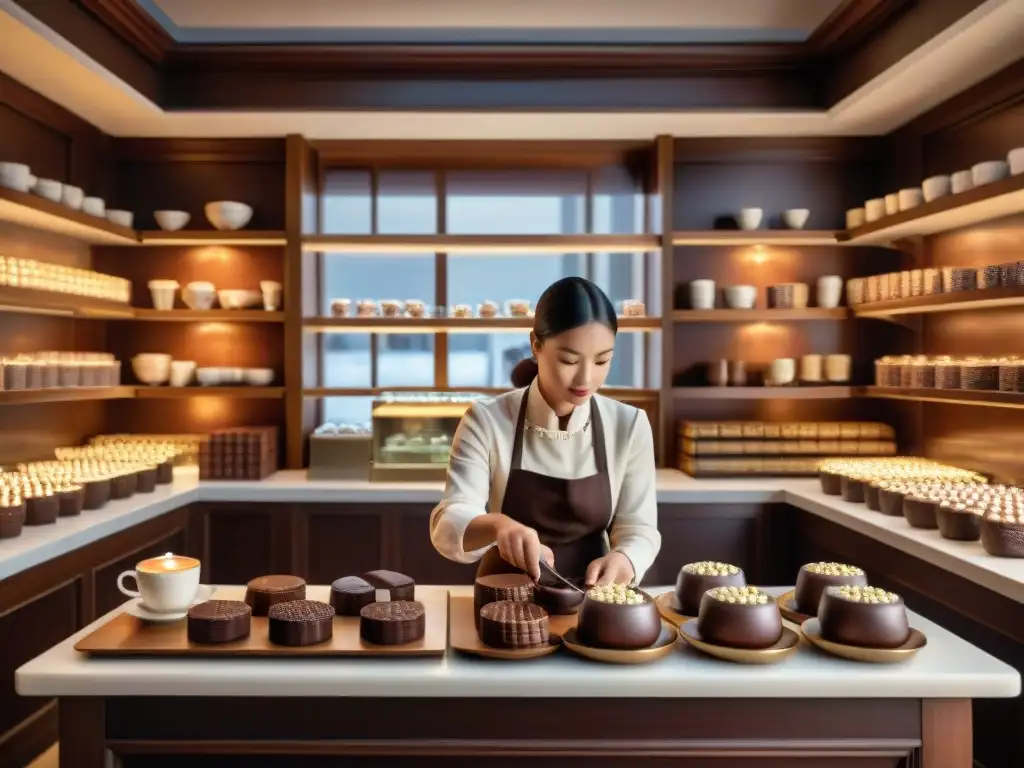 Un chocolatería del siglo XIX con clientes elegantes disfrutando de chocolate artesanal en una atmósfera cálida iluminada por velas