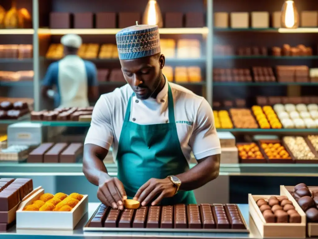 Hábil chocolatero crea chocolates artesanales África historias gourmet en bullicioso mercado africano