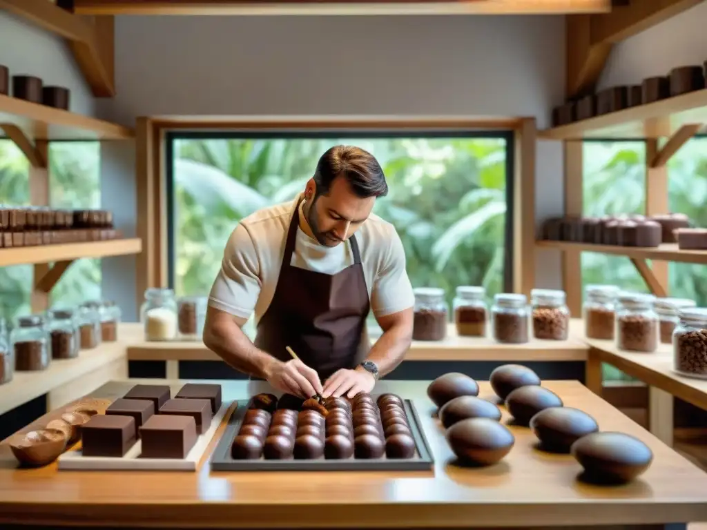 Un chocolatero experto elabora chocolates artesanales en su acogedor taller, rodeado de ingredientes naturales