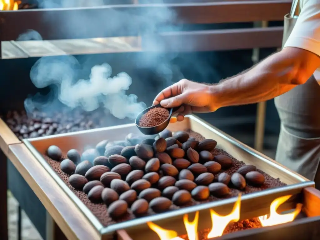 El chocolatero experto tuesta granos de cacao en bandeja de madera sobre fuego, en proceso artesanal de fabricación chocolate bean to bar