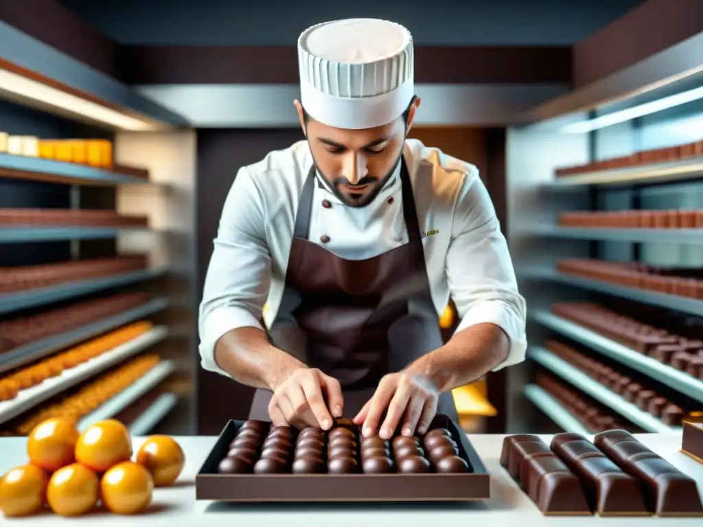 Un chocolatero experto crea con precisión una innovadora creación de chocolate en una chocolatería moderna y elegante