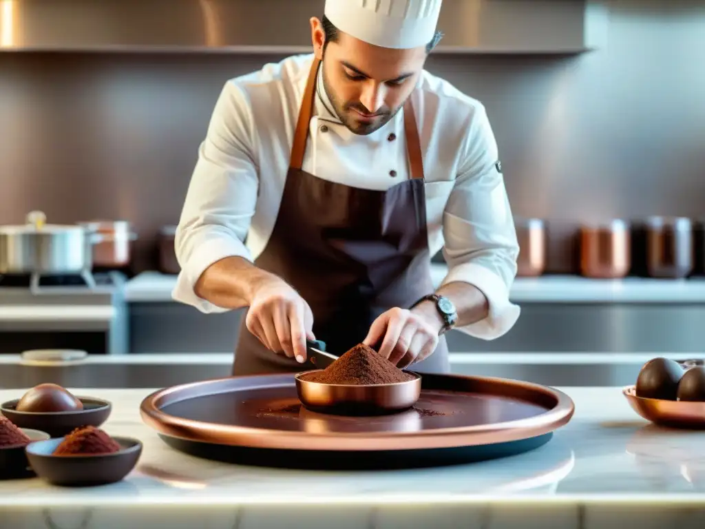 Un chocolatero experto en templado de chocolate textura perfecta, trabajando con precisión en su cocina