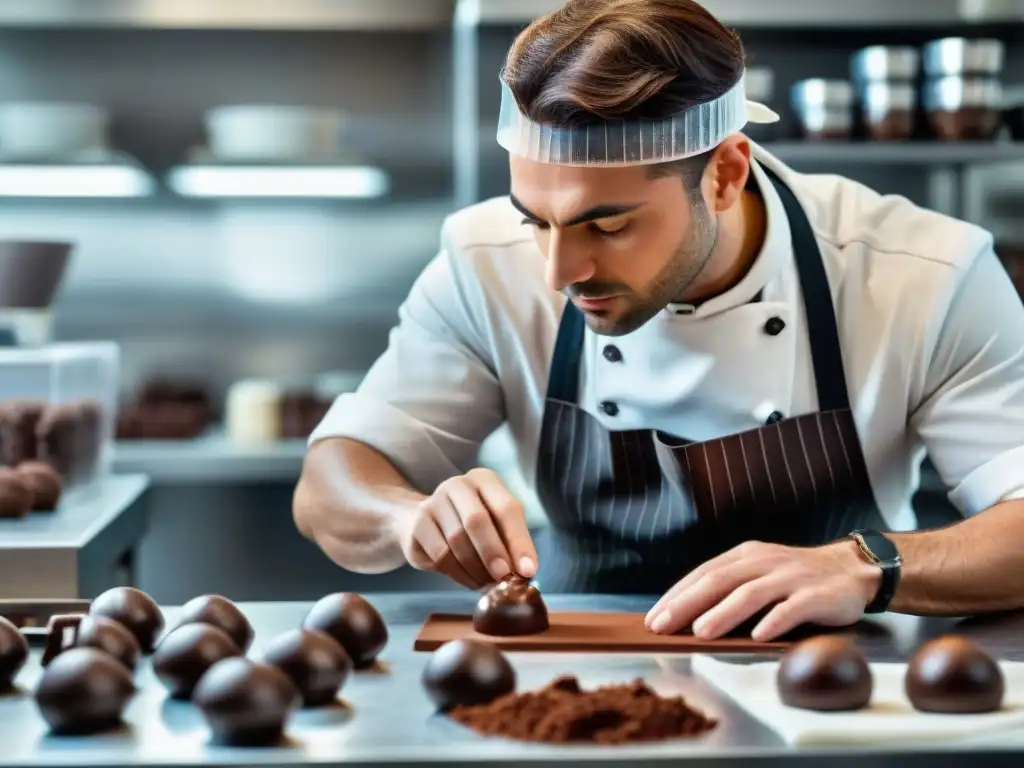 Chocolateros artesanales crean sabores únicos en detallada imagen del maestro chocolatero elaborando trufa de chocolate