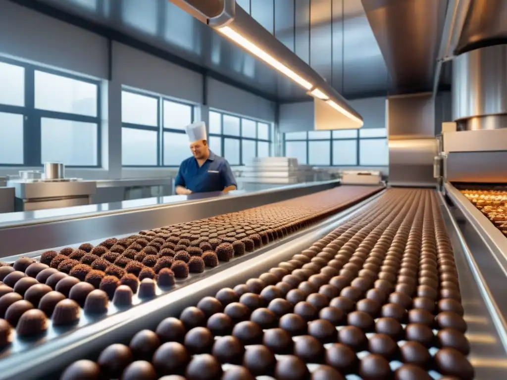 Innovación en chocolates artesanales: Fábrica de chocolate de alta tecnología con precisión y glamour